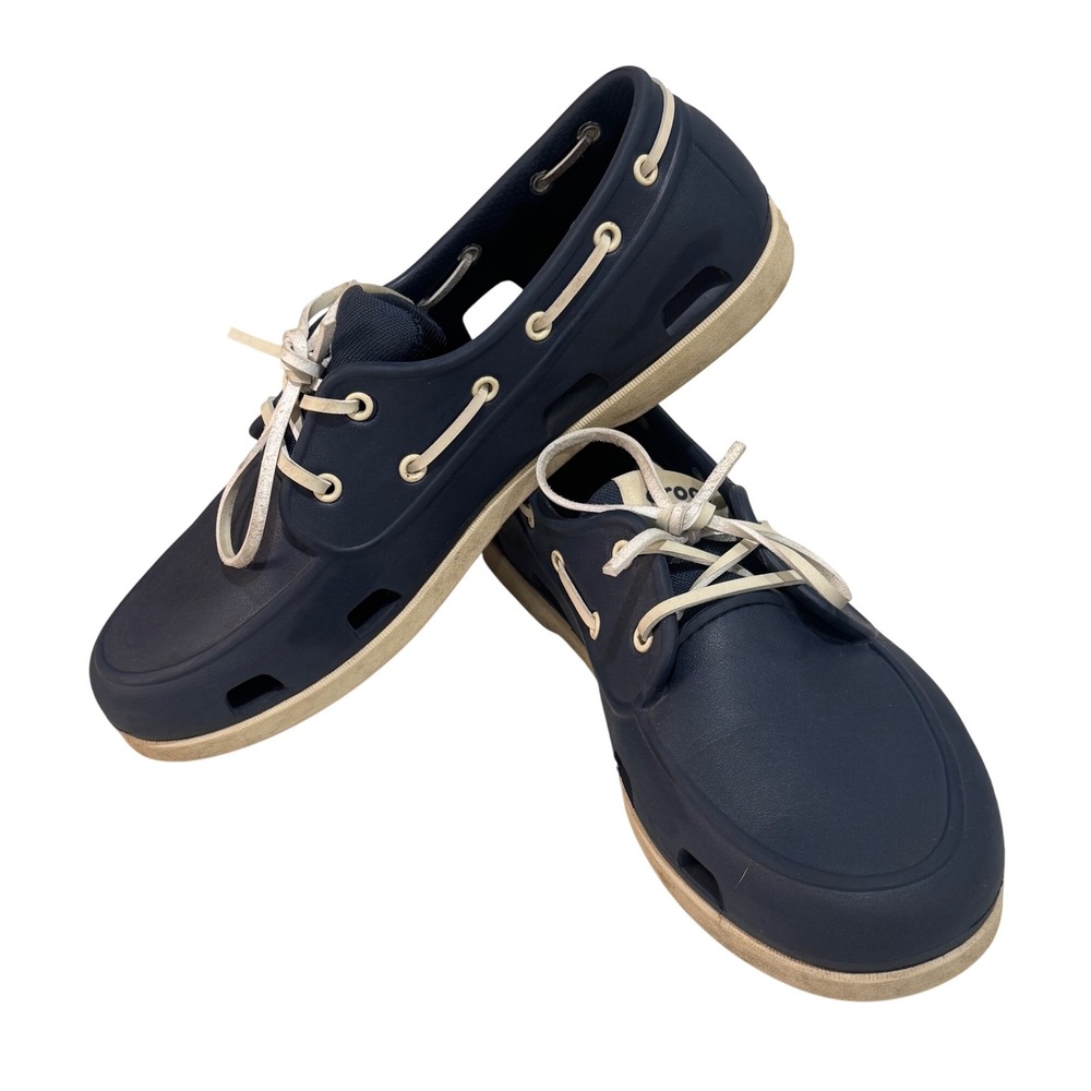 Crocs Beach Line Boat Shoe Mens 11 Navy Blue White 206338 Nautical Casual